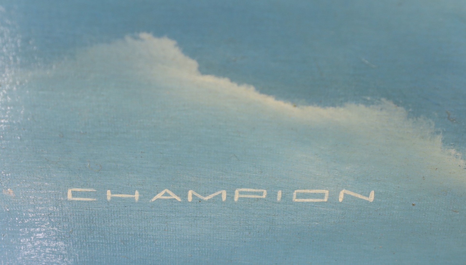 Peter Champion, oil on board, Bi-plane in flight, signed, 40 x 75cm